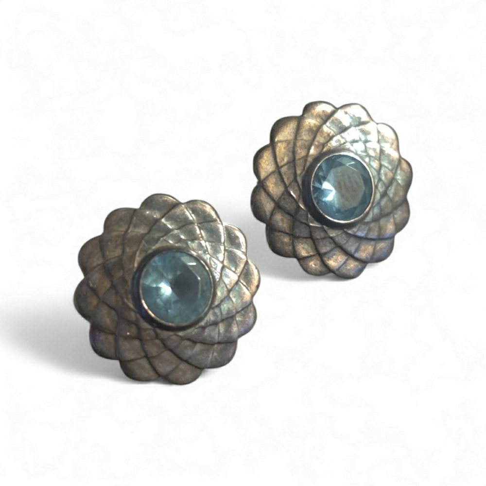 Vintage Taxco Mexico 950 Silver Swan Mark Earrings with Teal Blue Gemstones